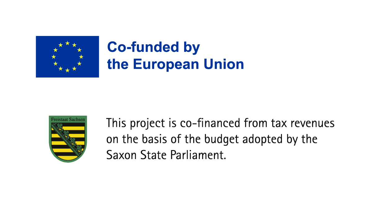 Coat of arms of the European Union with the note: co-funded by the European Union; Coat of Arms of Freistaat Sachsen with the note: This project is co-financed from tax revenues on the basis of the budget adopted by the Saxon State Parliament