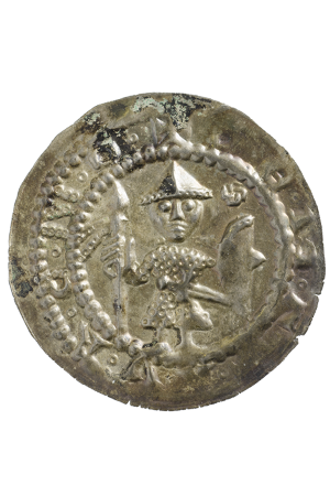 Digitised image of a Pfennig coined by Markgraf Konrad von Meißen, with a stylised human being with a pointed hat, a spear and a fish in its hands