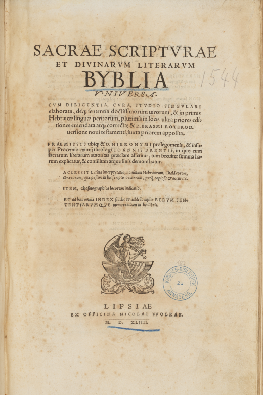 Digitalisat einer lateinischen Bibel von 1544, Titelseite, unten eine Venus in der Muschel als Druckersignet und ein Stempel der Kirchenbibliothek zu Annaberg