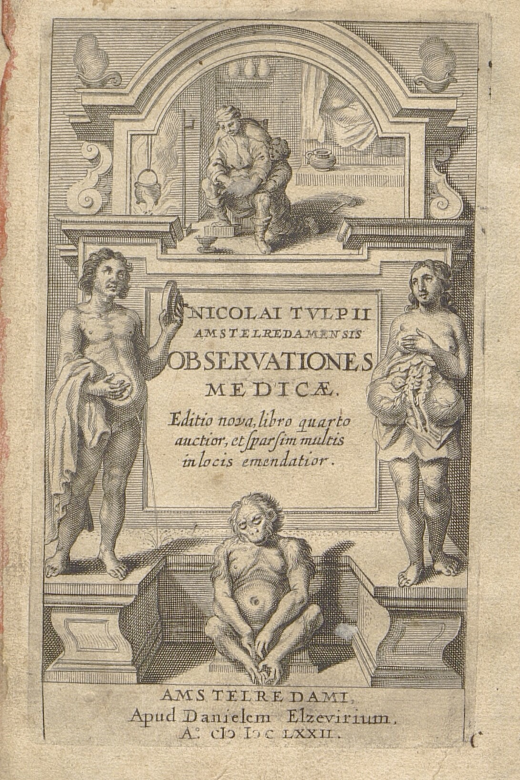 Titelblatt eines medizinischen Werks aus dem 17. Jahrhundert, auf dem rings um das Titelschild herum mehrere Figuren abgebildet sind, die verschiedenen Krankheiten symbolisieren