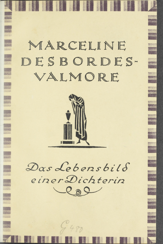 Titelblatt einer Ausgabe von Stefan Zweigs Marceline Desbordes-Valmore aus dem Leipziger Insel-Verlag, abgebildet ist unter dem Titel eine stilisierte Figur mit Umhang vor einer Urne auf einer Säule