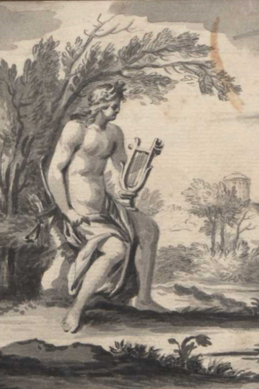 Tuschezeichnung aus einem Stammbuch des späten 18. Jahrhunderts, abgebildet ist der Gott Apollon mit einer Leier in der Hand sowie mit einem Köcher und Bogen, der unter einem Baum auf einem Stein sitzt