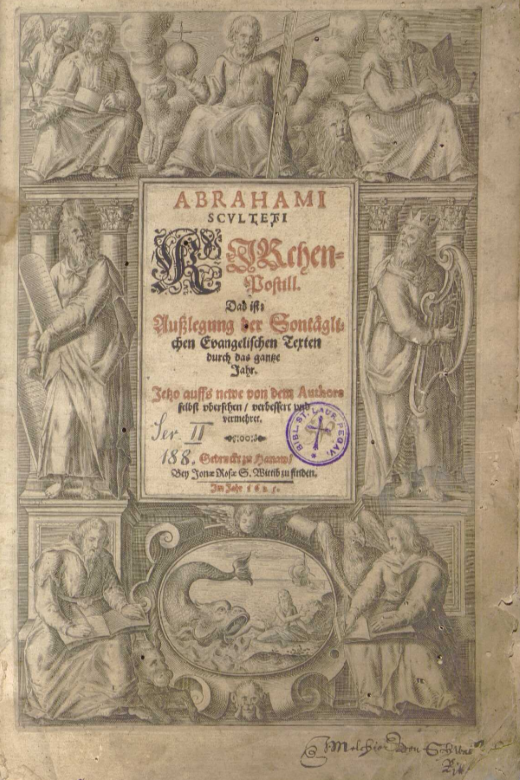 Digitalisat der Kirchen-Postill von 1625, Titelblatt mit Titelschild in der Mitte, ringsherum biblische Figuren und Szenen