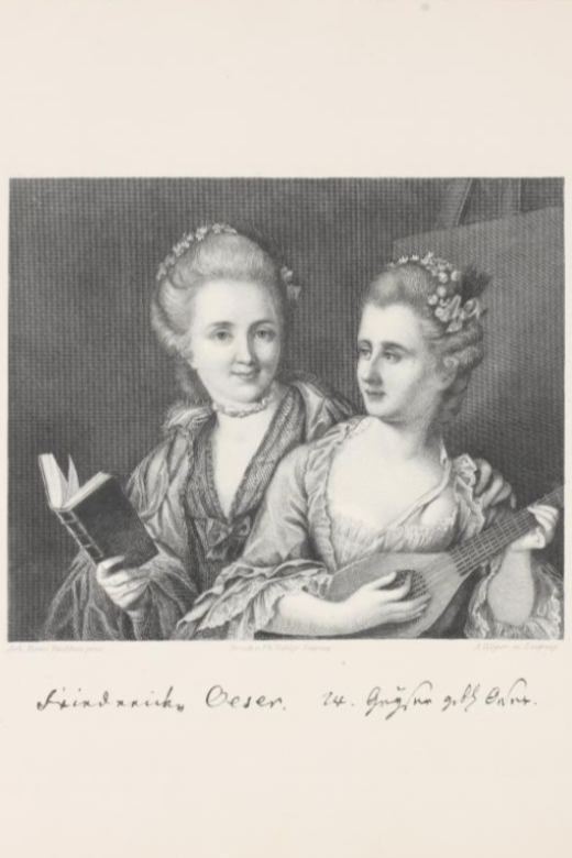 Doppelportrait von zwei Frauen, links Friederike Oeser mit einem Buch in der Hand, rechts Wilhelmine Geyser, geborene Oeser, mit einer Laute in der Hand