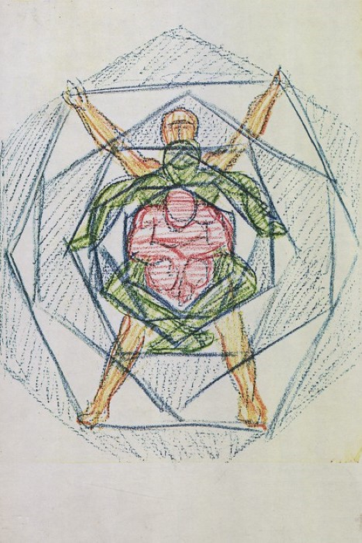 Eine Zeichnung mit drei verschiedenenfarbigenm übereinandergelegten Figuren in unterschiedlichen Posen, die eine Bewegungsabfolge darstellen