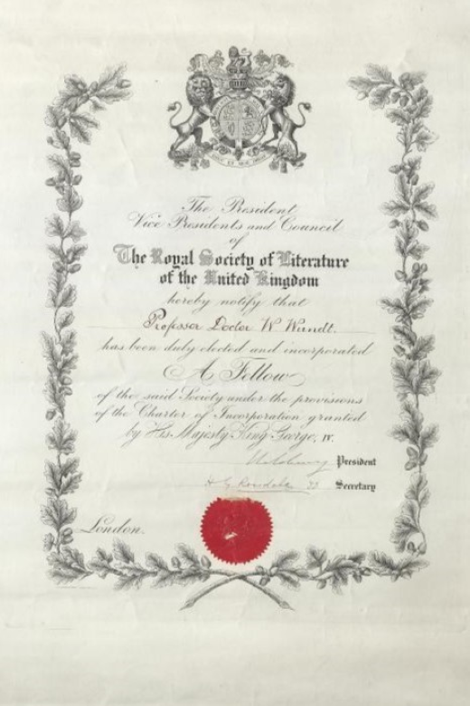 Urkunde zur Ernennung von Wilhelm Wundt zum Mitglied der Royal Society of Literature of the United Kingdom, mit stilisierter Eichenlaubverzierung, Wappen und Siegel